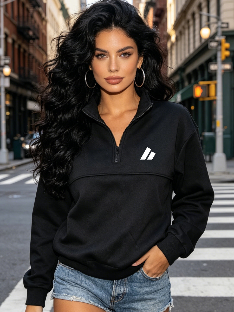 Women's Half-Zip Stand Collar Triangle Logo Print Sweatshirt, Casual Loose Drop-Shoulder Long-Sleeve Top, -Lined for Autumn/Winter, Versatile And - Black