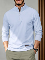 Josh Rose OBM Trendy Men's Solid Color Pure Velvet Fabric Long Sleeve Vintage Henley Shirt T-Shirt, Casual, Suitable for Autumn/Winter, Ideal for Men's Daily Wear, Stylish Slim-Fit Versatile Stand Collar Half-Zip Garment - Light Blue
