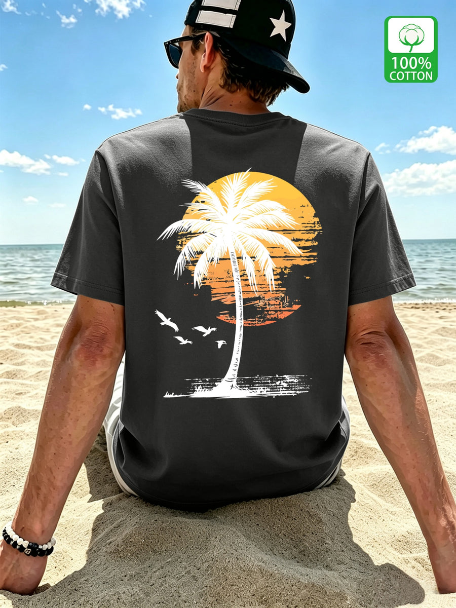 Men's New Style Pure Cotton Short Sleeve Crew Neck T-Shirt with Palm Tree Sunset Print, Suitable for Vacation, Daily Casual Wear, Comfortable, Soft, Breathable, Summer Essential - Dark Gray