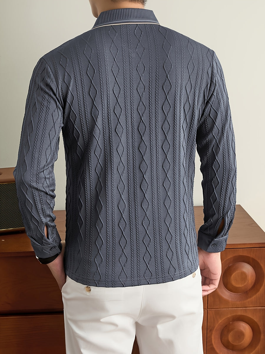 Men's Half-Zip Lapel Long-Sleeve Polo Shirt, Full-Rhombus Jacquard Texture, Contrast-Color Ribbed Collar, Simple Light-Luxury Top, for Business Receptions, Daily Commuting, Loose-Fit Men's Long-Sleeve T-Shirt - Grey