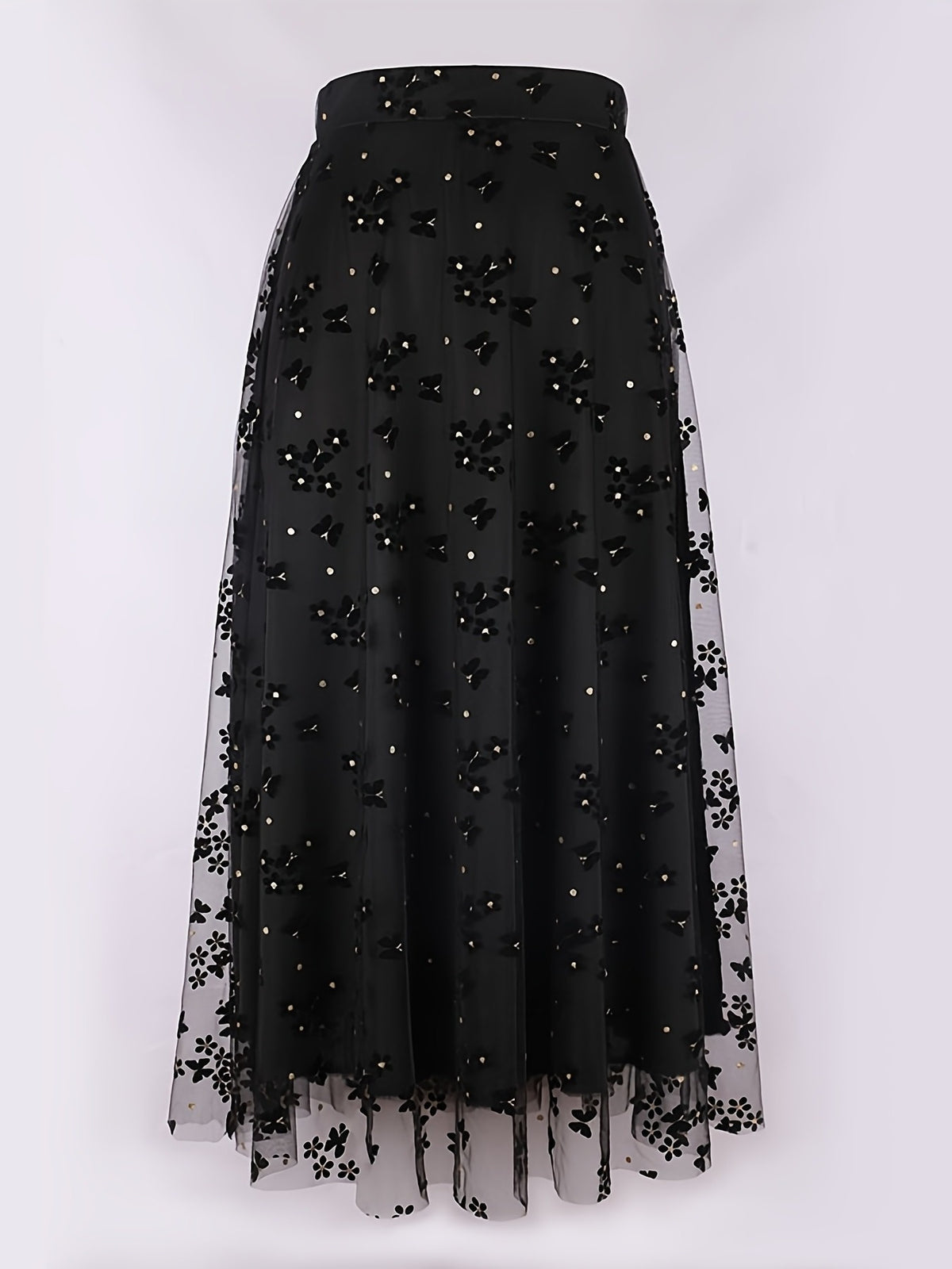 Women'S Elegant Butterfly Floral Print, Sequined Decorative Mesh Long Skirt, Suitable for Spring, Summer, And Autumn, Fashionable And Versatile, Hand Wash Solely - Black