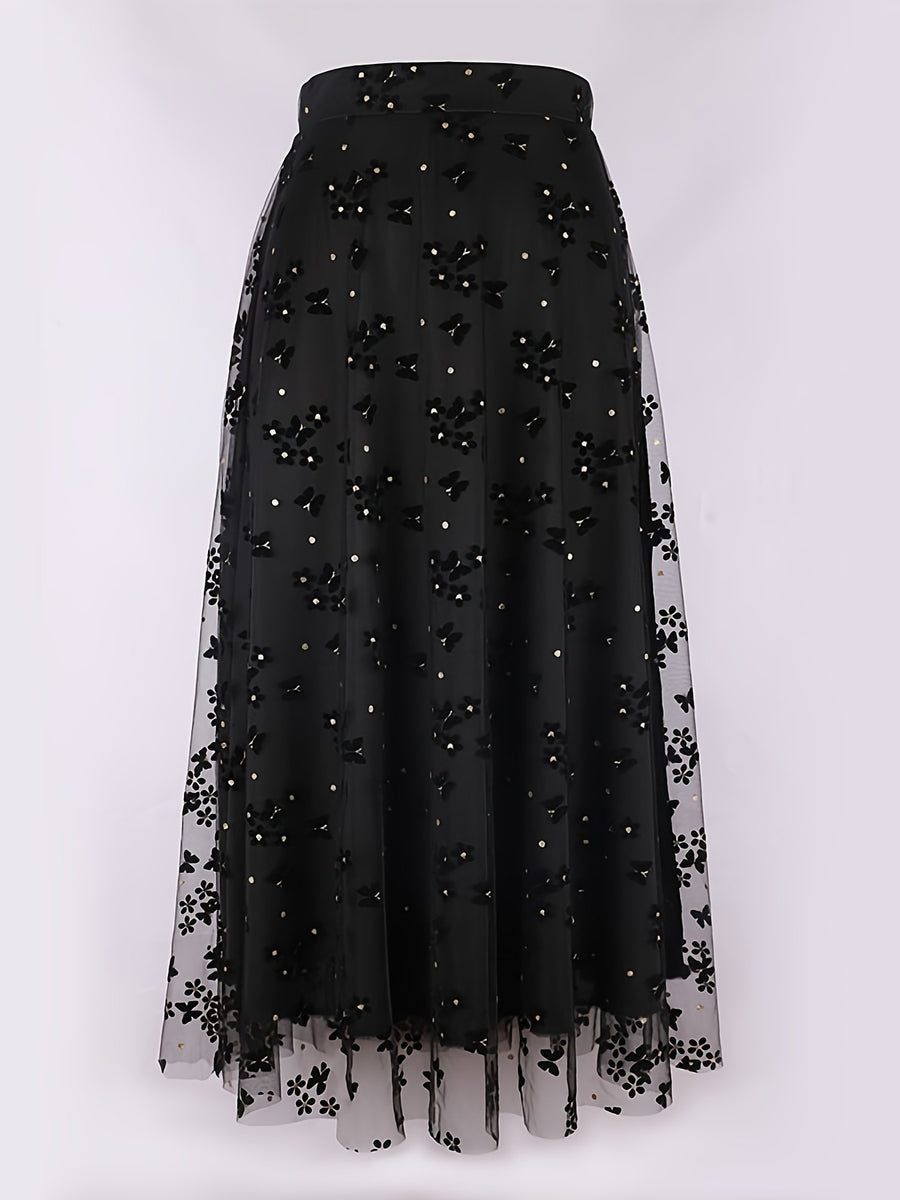 Women'S Elegant Butterfly Floral Print, Sequined Decorative Mesh Long Skirt, Suitable for Spring, Summer, And Autumn, Fashionable And Versatile, Hand Wash Solely - Black