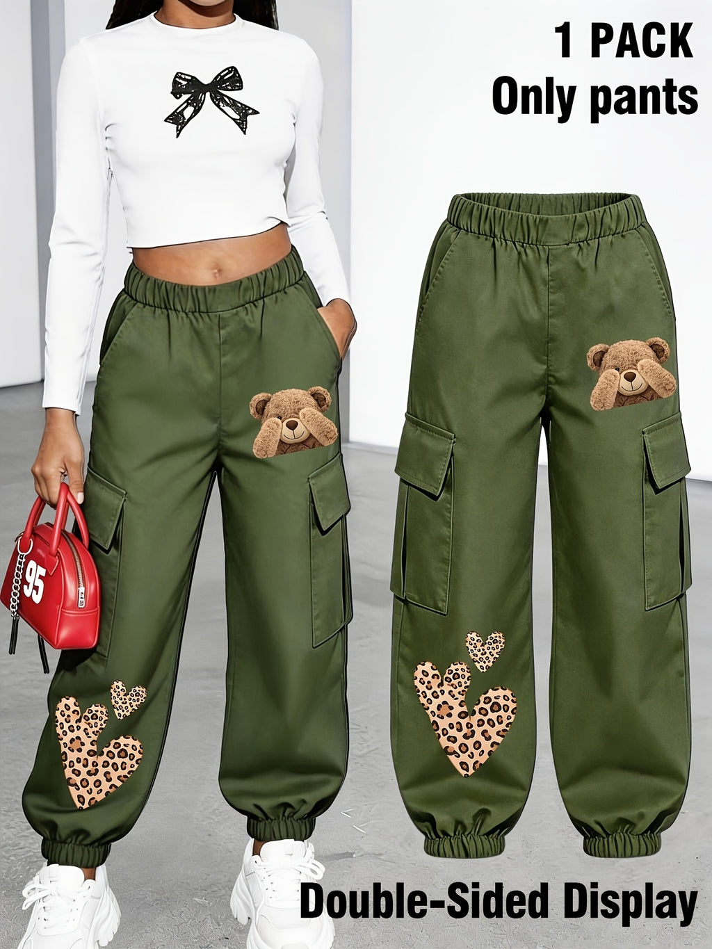 New Arrival - Women'S Long Pants (Single Piece), Cute And Fun Pattern Letter Print Cargo Pants, Multi-Pocket Design, Bear Cartoon Pattern, Cargo Style, Fashionable for Ages 18-25, Machine Washable, Durable Fabric - Perfect for Spring Summer - fern green