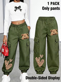New Arrival - Women'S Long Pants (Single Piece), Cute And Fun Pattern Letter Print Cargo Pants, Multi-Pocket Design, Bear Cartoon Pattern, Cargo Style, Fashionable for Ages 18-25, Machine Washable, Durable Fabric - Perfect for Spring Summer - fern green