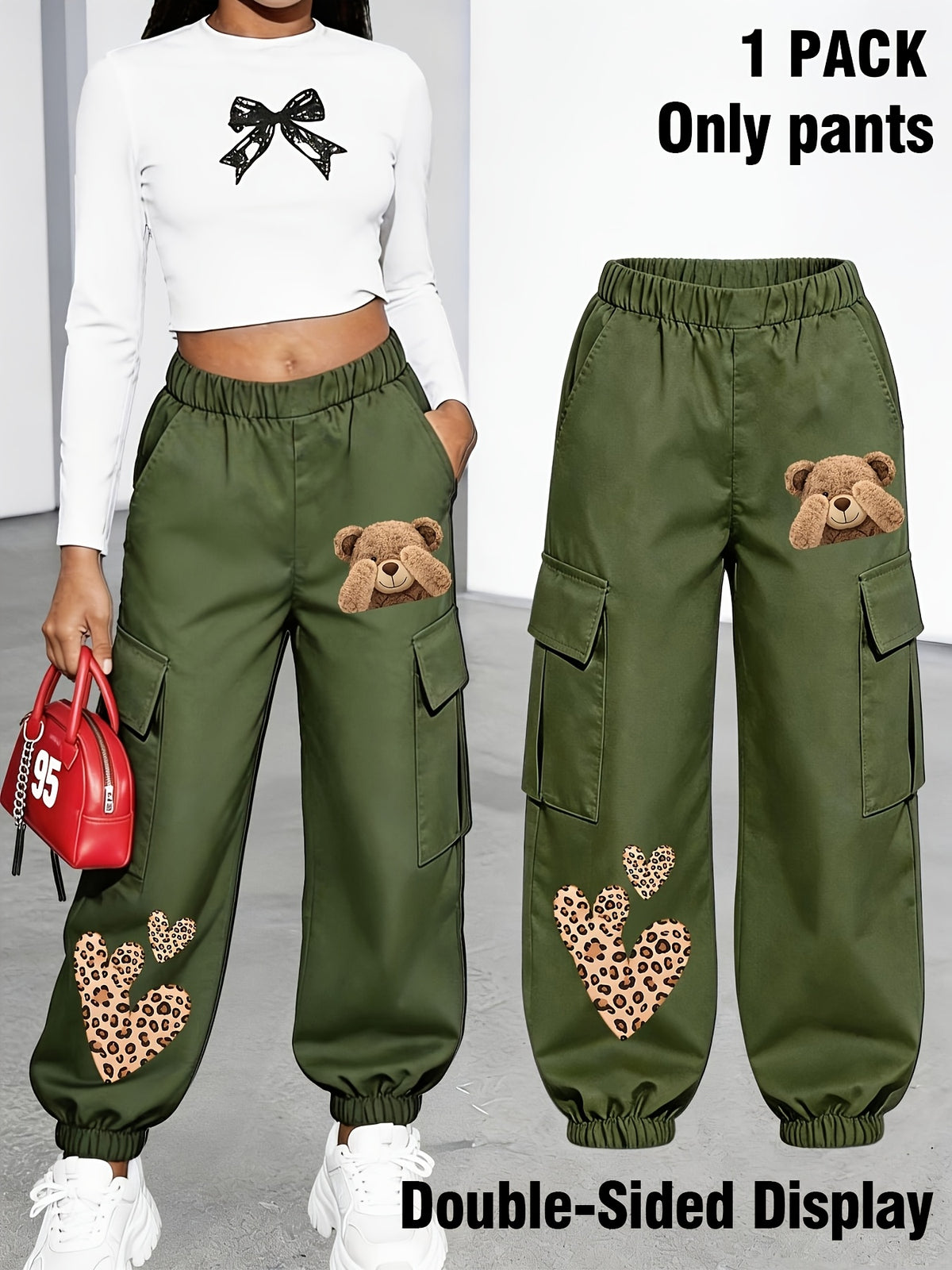 New Arrival - Women'S Long Pants (Single Piece), Cute And Fun Pattern Letter Print Cargo Pants, Multi-Pocket Design, Bear Cartoon Pattern, Cargo Style, Fashionable for Ages 18-25, Machine Washable, Durable Fabric - Perfect for Spring Summer - fern green