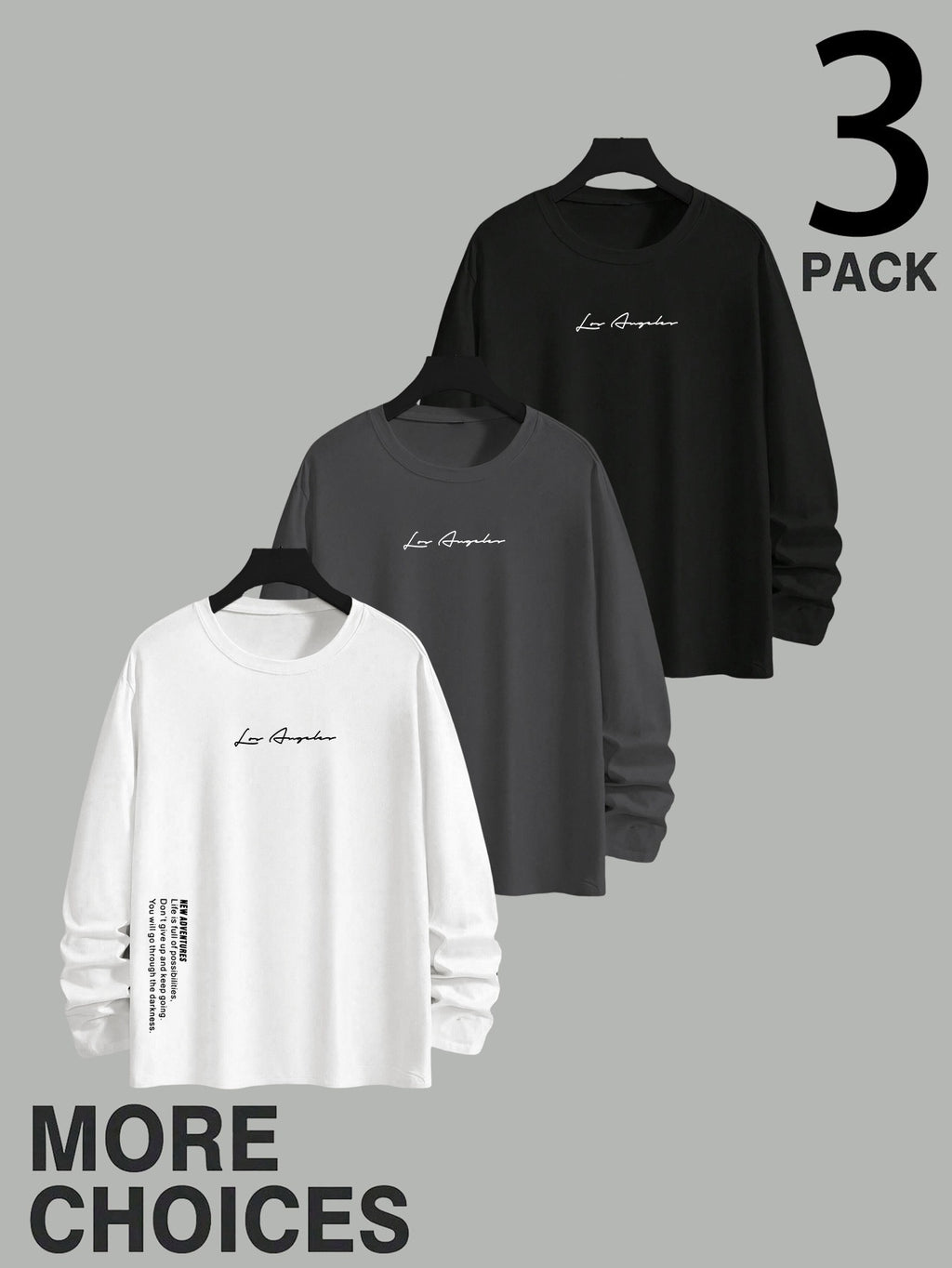 Men'S Long Sleeve T-Shirt - 3pcs Men'S Off-Shoulder Loose Round Neck Long Sleeves, City Name on Chest with Side Seam Vertical Inspirational Slogans And Dual Position Text Prints, Oversized Off-Shoulder Cut Accommodating Body Types - Mixed colors