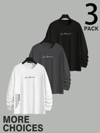 Men'S Long Sleeve T-Shirt - 3pcs Men'S Off-Shoulder Loose Round Neck Long Sleeves, City Name on Chest with Side Seam Vertical Inspirational Slogans And Dual Position Text Prints, Oversized Off-Shoulder Cut Accommodating Body Types - Mixed colors