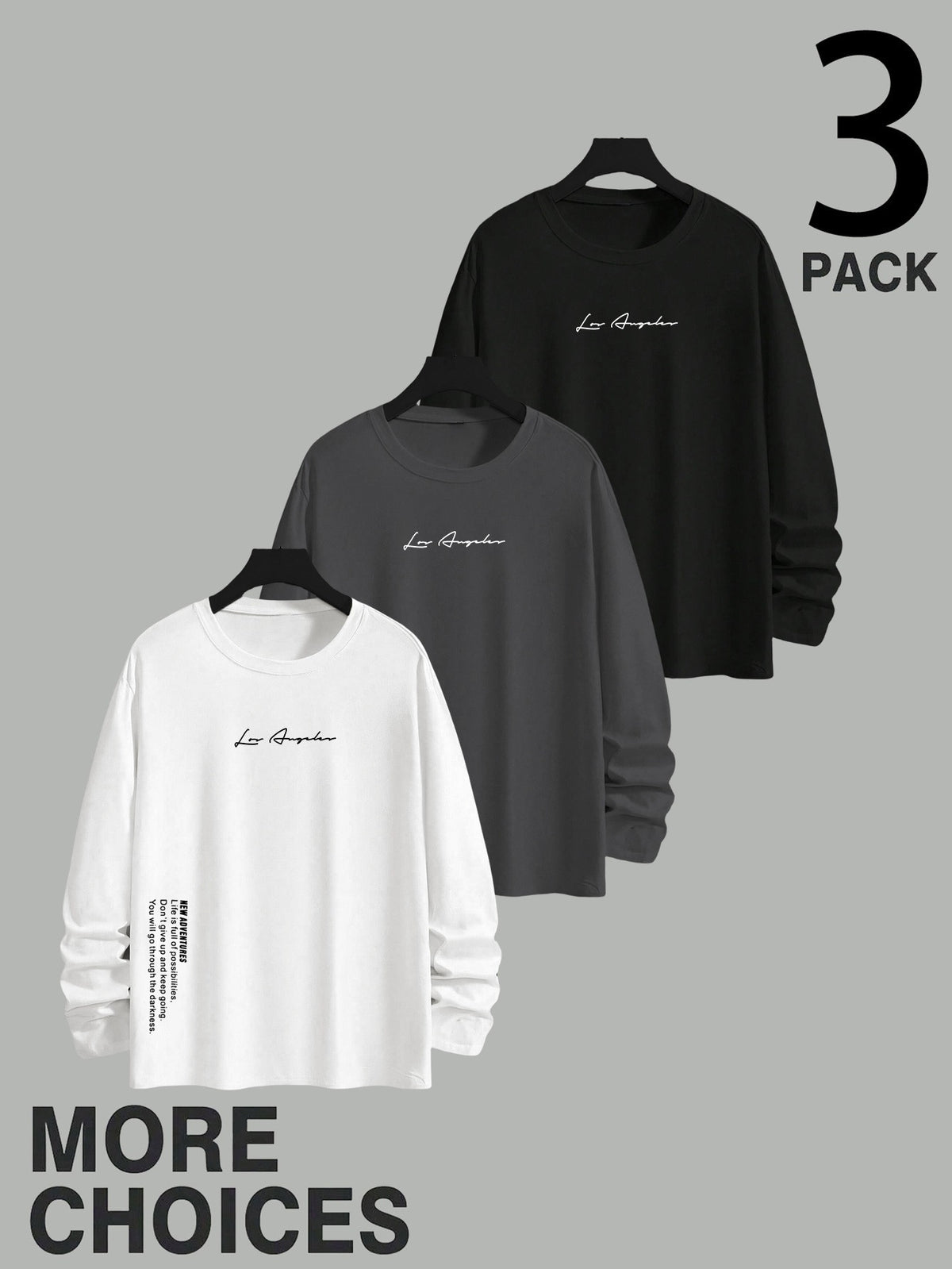 Men'S Long Sleeve T-Shirt - 3pcs Men'S Off-Shoulder Loose Round Neck Long Sleeves, City Name on Chest with Side Seam Vertical Inspirational Slogans And Dual Position Text Prints, Oversized Off-Shoulder Cut Accommodating Body Types - Mixed colors