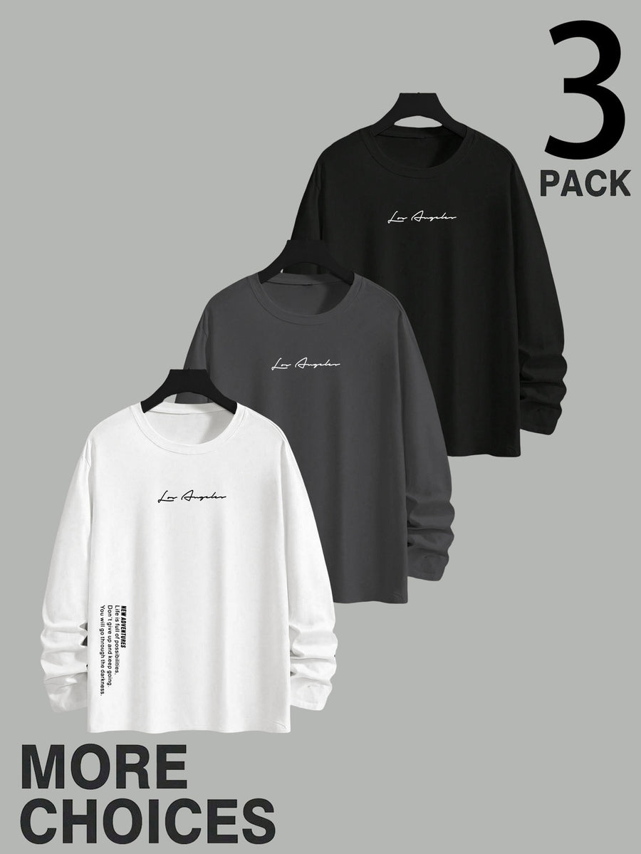 Men'S Long Sleeve T-Shirt - 3pcs Men'S Off-Shoulder Loose Round Neck Long Sleeves, City Name on Chest with Side Seam Vertical Inspirational Slogans And Dual Position Text Prints, Oversized Off-Shoulder Cut Accommodating Body Types - Mixed colors