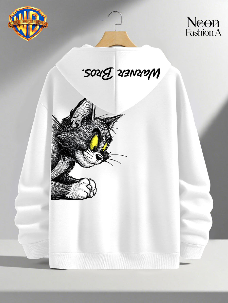 1pc Warner Bros. Cartoon Classic Couple's Sweatshirt, Unisex Long-Sleeve Top with Playful WB Anime Character Action Print on the Back, Trendy, Fashionable, Versatile, Streetwear, Comfortable, and Casual Outerwear, Chinese National Trend - Men - White