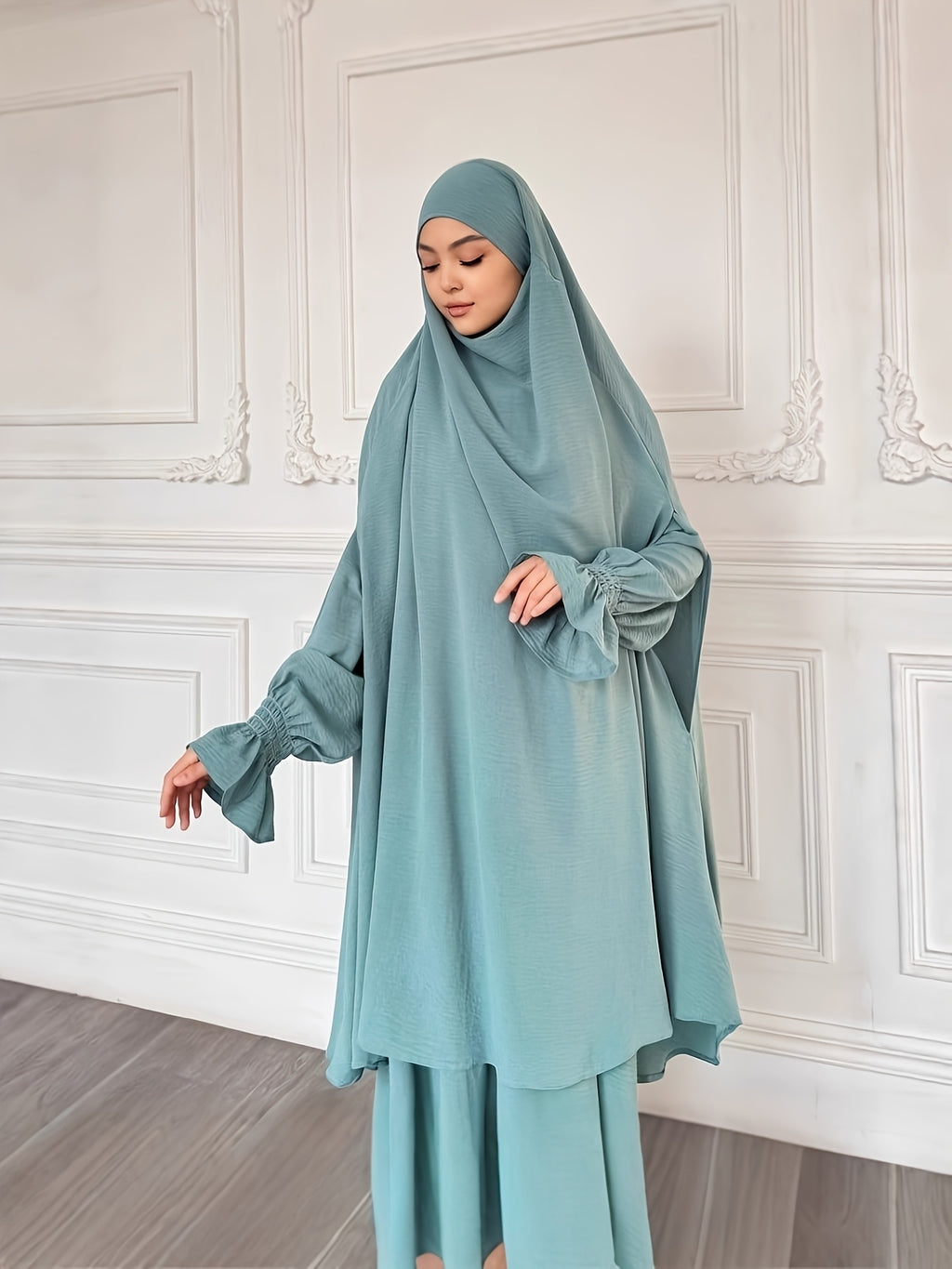Abaya Middle Eastern Islamic Clothing Loose Comfortable Robe Headscarf with Long Sleeve Dress Two-Piece Set P403 - Malachite Green