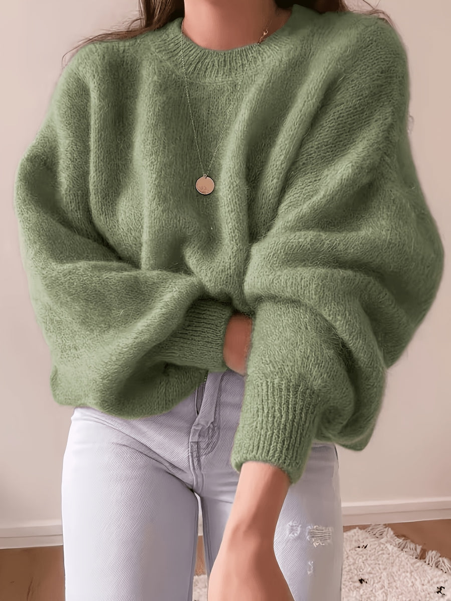 French Lazy Round Neck Sweater Early Autumn Early Winter Oversized Lantern Long Sleeve Women'S Soft Plush Skin-Friendly -Concealing Single Piece Versatile Inner Wear Outer Wear Commute Date Travel Casual Relaxed Atmosphere Pullover Top ASD1 - Green