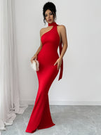 Women'S Sexy Backless Hollow-Out Holiday Dating Essential Scarf Design Back Slit Super Long Dress - Red