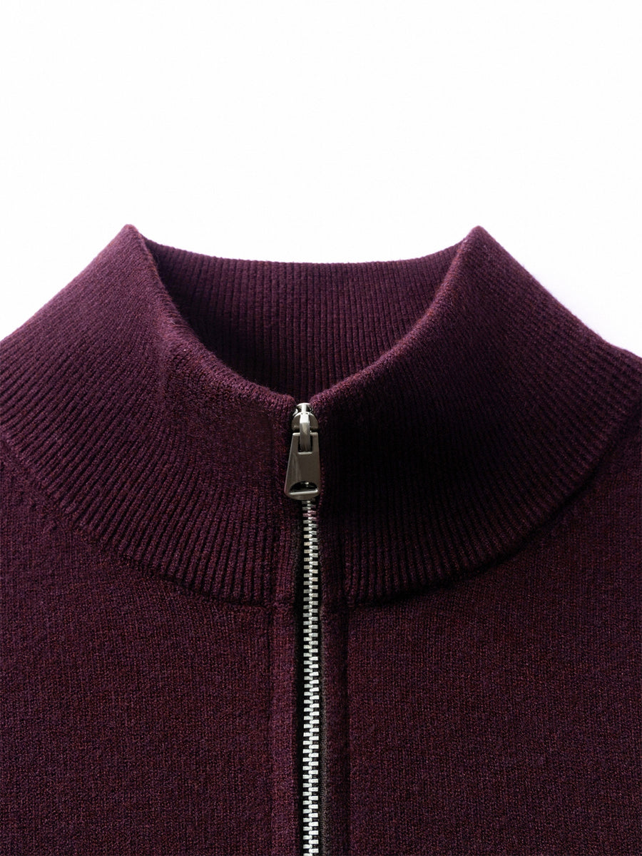 Autumn/Winter Knitted Solid Color Half-Zip Stand Collar Sweater, Basic Knit Pullover, Men's Fashion Long Sleeve Knitwear, QiS - New brown red