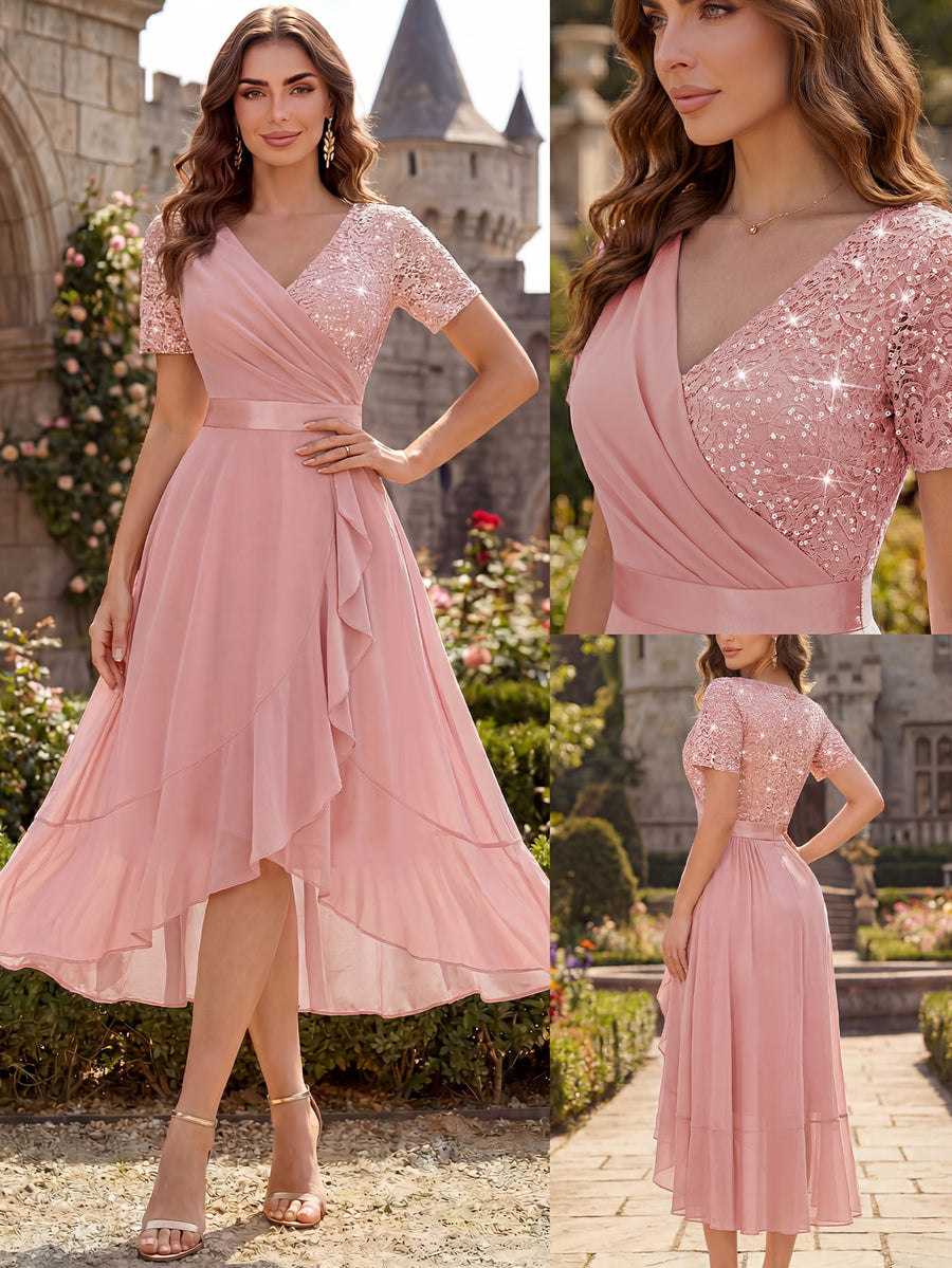 Women'S Elegant V-Neck Lace Chiffon Ruffled Trim Slit Wedding Party Long Dress - Pink Color