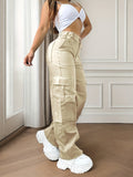 Street Style Women'S Casual Solid Color Loose Overalls, Y2K Comfortable Elastic Waist Multi-Pocket Long Pants - Apricot