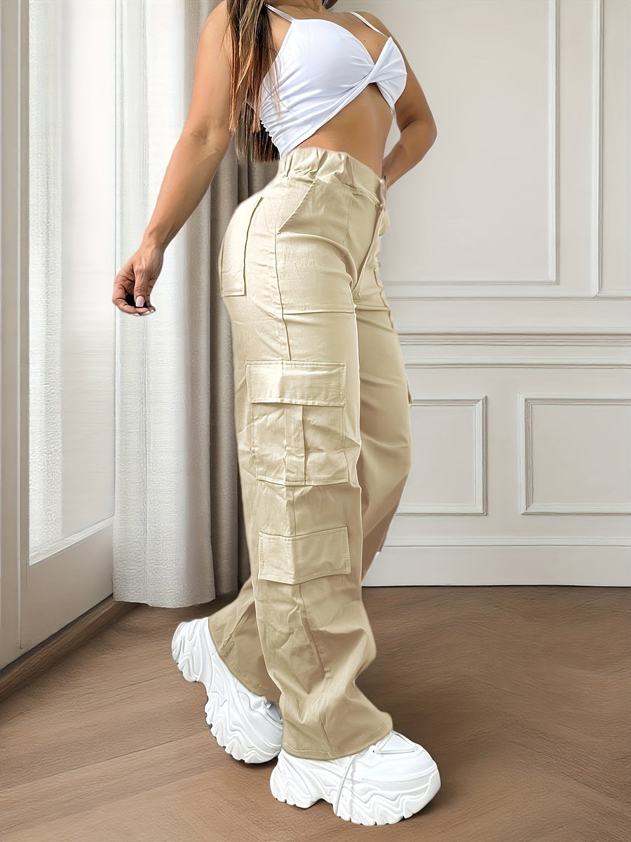 Street Style Women'S Casual Solid Color Loose Overalls, Y2K Comfortable Elastic Waist Multi-Pocket Long Pants - Apricot