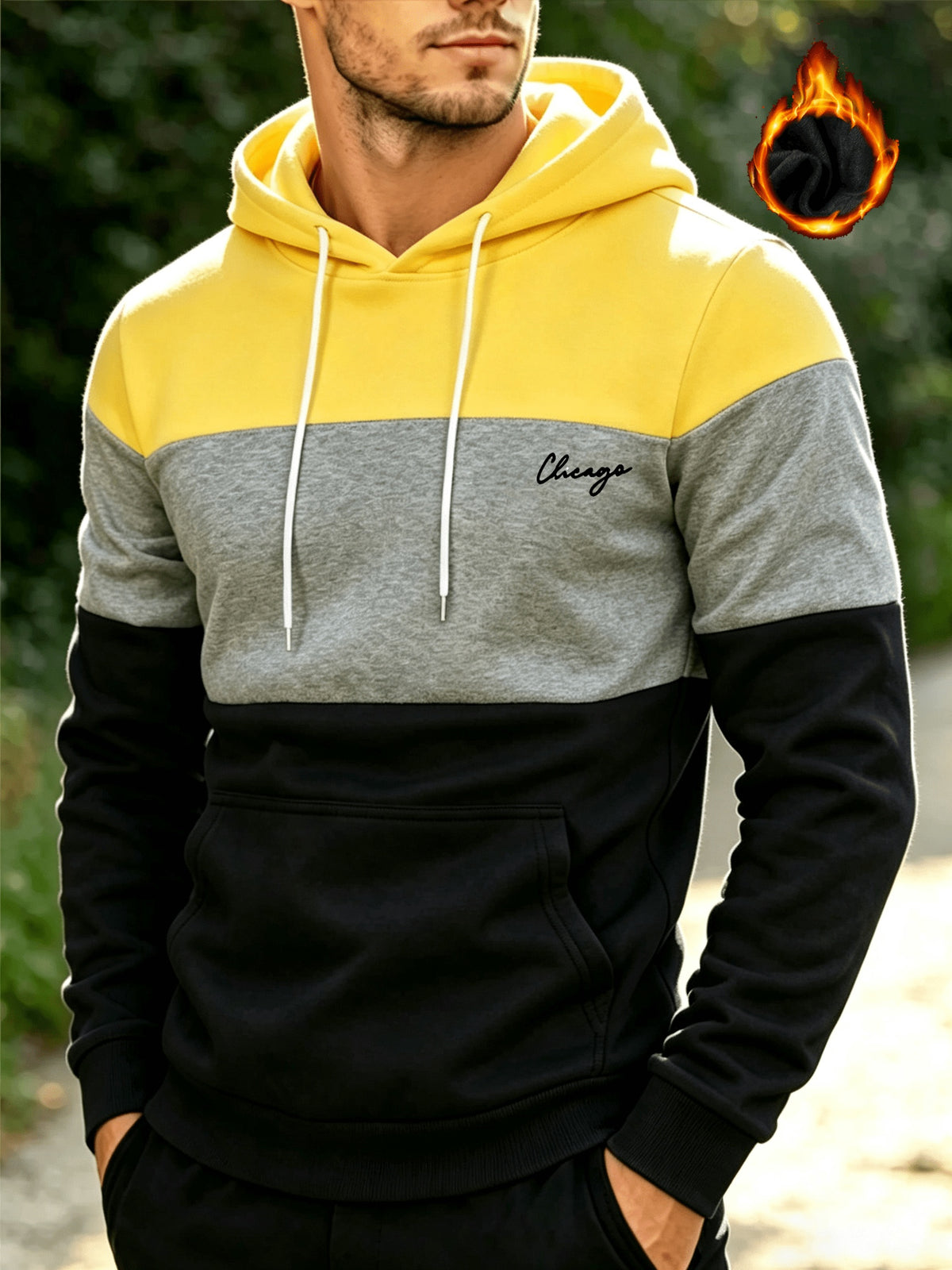 [Shule Shui OBM] "Men's Fashion Sweatshirt" New High-Quality Men's Sweatshirt, Soft and Skin-Friendly, Durable and Retains Shape, Three-Color Patchwork for Stylish Daily Sports and Leisure, Trendy and Versatile, Simple Printed Hooded Sweatshirt - Yellow Gray Black