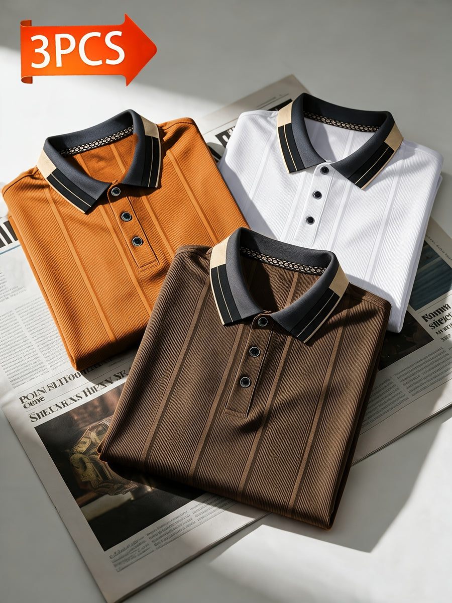 [Pearson OBM] Men'S Textured Jacquard Fabric Fashion Short Sleeve T-Shirt 3pcs Set, Suitable for Daily Casual Outings And Work Wear, Ideal Men'S Holiday Gift - Caramel + White + Coffee