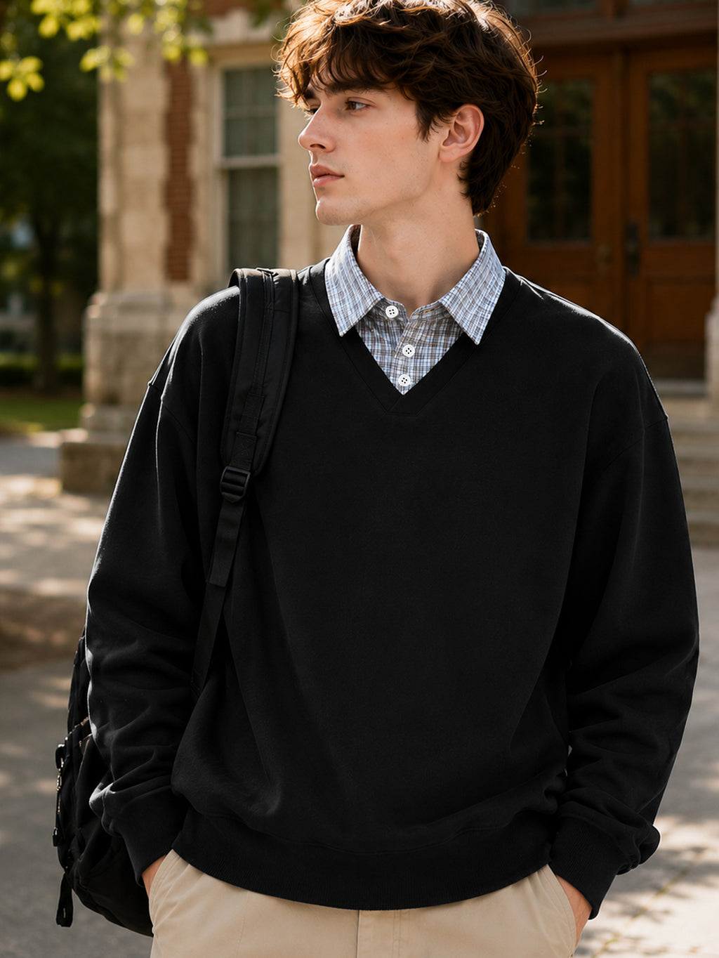 American Casual Men's Patchwork Shirt Collar 2-in-1 Look Sweatshirt, Relaxed Loose Fit V-Neck Versatile Daily Basic Long Sleeve Top - Black
