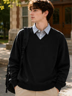 American Casual Men's Patchwork Shirt Collar 2-in-1 Look Sweatshirt, Relaxed Loose Fit V-Neck Versatile Daily Basic Long Sleeve Top - Black