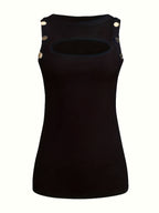 Women's Sheer Semi-Sheer Slim Roentgen Sleeveless Top - Round Neck Summer Blouse with Faux Button Front, Machine Washable - Sexy Sleeveless Shirt for Spring/Summer Outfits (Solid Color) - Black