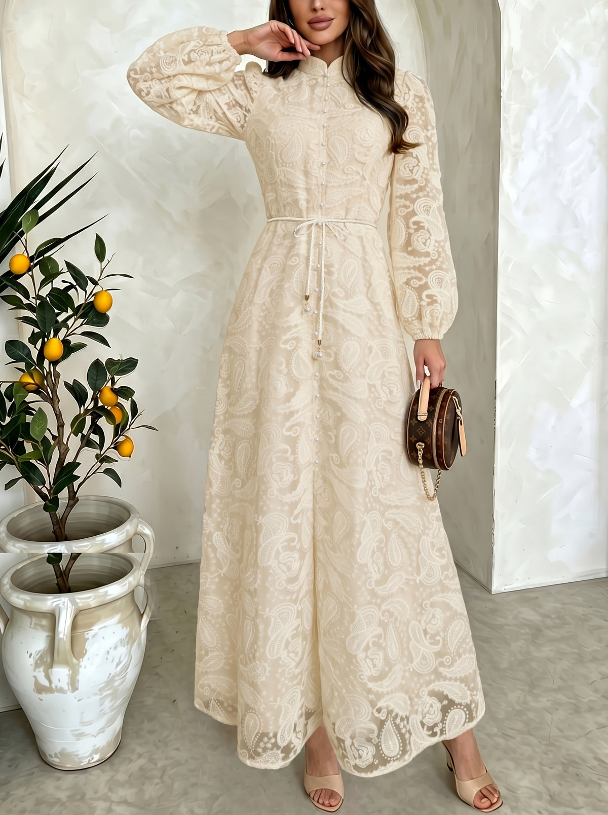Elegant Stand-Collar Bridesmaid Gown for Women, Designed with Rows of Pearl Buttons, Hollow-Out Embroidery, And Long-Sleeve Cardigan Style, Cinched by a Vintage Waist Cord. Ideal for Daily Wear, Weddings, And Birthday Parties - Apricot