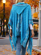 Elegant Special Edition 'Net Body Bust' Vacation Style 1pc Women's Diamond Jacquard Hooded Cape Cardigan, Vintage Ethnic Style Solid Color Tassel Fashionable Elegant European and American Style Warm Sweater Coat, Suitable for Spring, Autumn - Blue