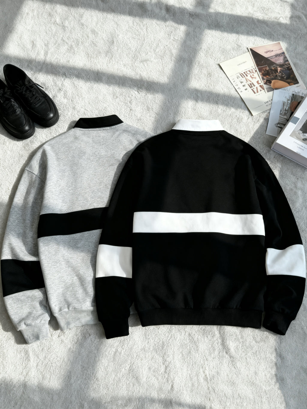[2-Pc] Men'S Stand Collar Button-Front Polo Sweatshirt, Easy Color-Block Button Casual Pullover, Warm Daily Office Fluffy Long Sleeve Casual Polo Sweatshirt, Suitable for Fall Winter Outfit, Fleece-Lined Thickened, Ideal Gift for Friends, Husband - Gray Black