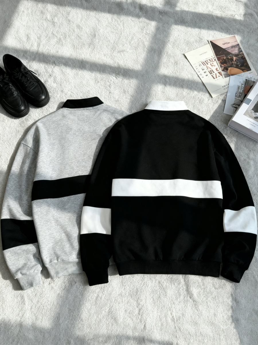 [2-Pc] Men'S Stand Collar Button-Front Polo Sweatshirt, Easy Color-Block Button Casual Pullover, Warm Daily Office Fluffy Long Sleeve Casual Polo Sweatshirt, Suitable for Fall Winter Outfit, Fleece-Lined Thickened, Ideal Gift for Friends, Husband - Gray Black