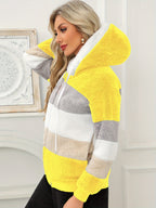 Women'S Warm Fleece Color Block Hooded Jacket Zip Up Chunky Plush Coat with Pockets Casual Loose Fit Winter Outerwear Soft Fluffy Jacket Multiple Colors Available - Yellow