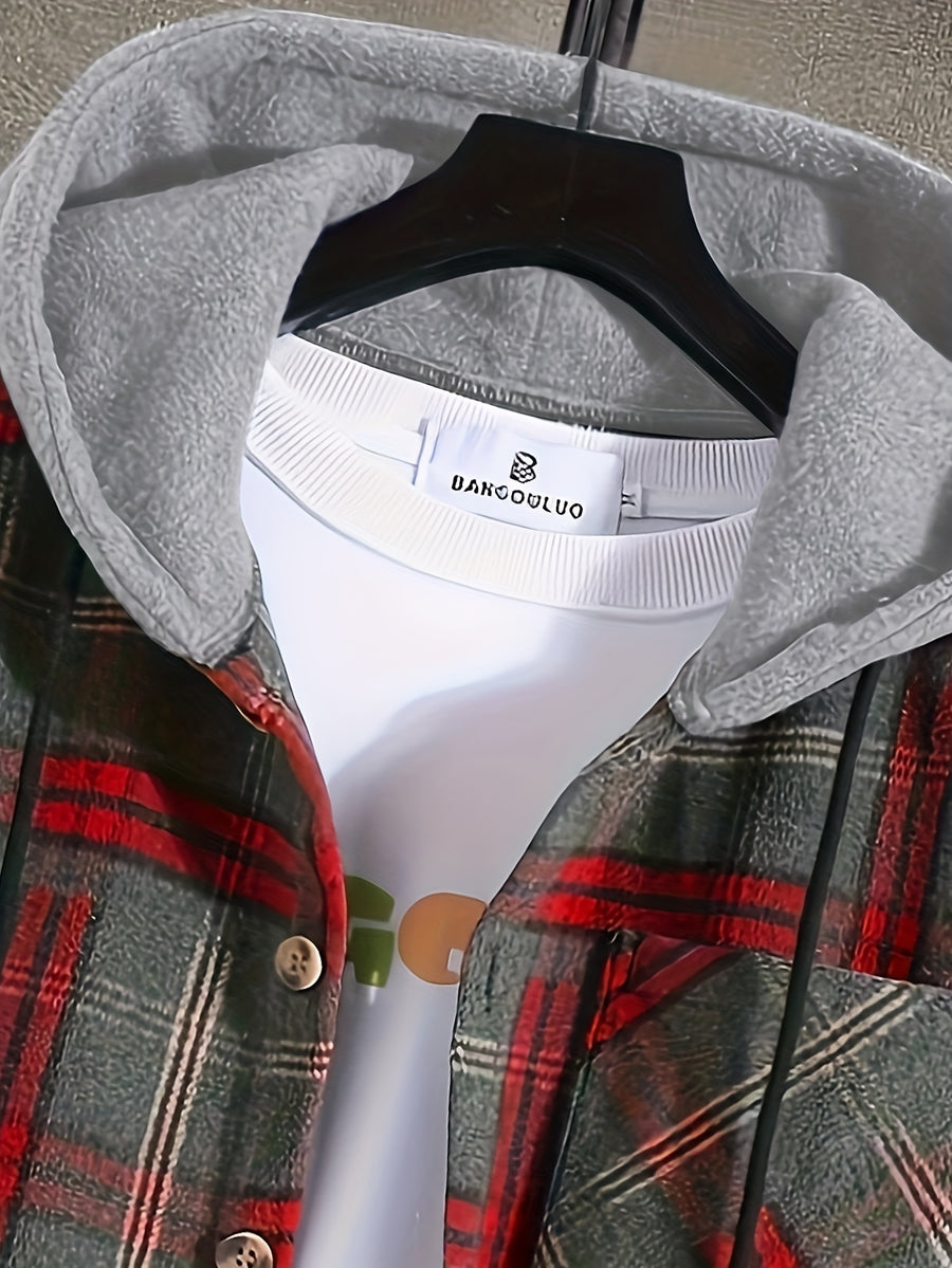 Christmas Men'S Gift Men'S Casual Plaid Hooded Contrast Color Patchwork Harajuku Style Fake Two-Piece Long Sleeve Jacket - Red
