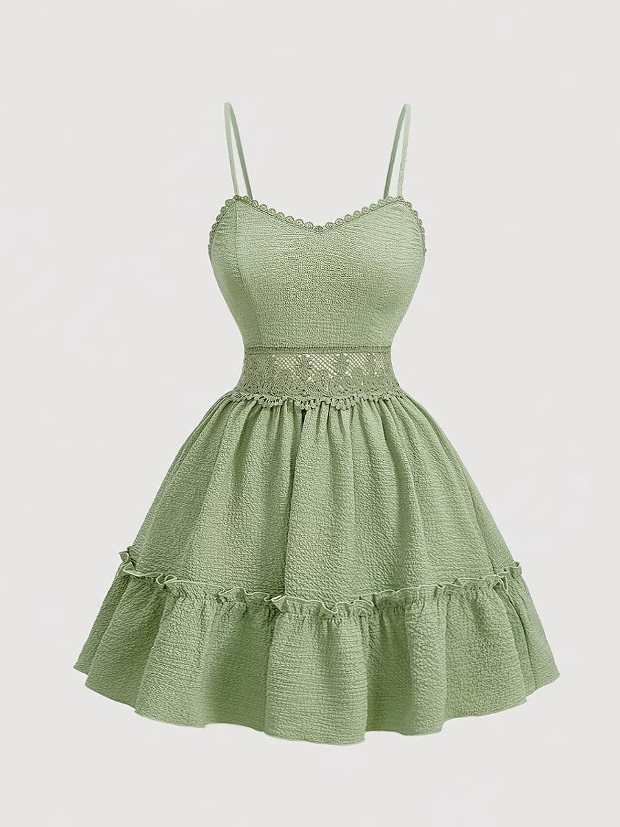 Elegant V-neck Lace-Trimmed Strap Dress | Solid Color, Contrast Lace Details, Suitable for Spring/Summer/Fall, for Adults - Green