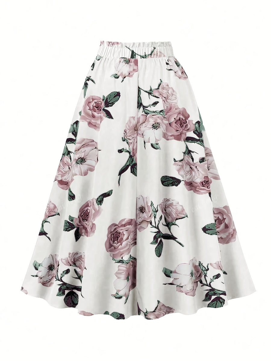 YY0228054 Women's Elegant Lace-Up Dress, Floral Print Geometric Skirt, Maxi Dress, Suitable for Daily and Casual Wear, Parties, and Outings, Spring/Summer Style - Milky
