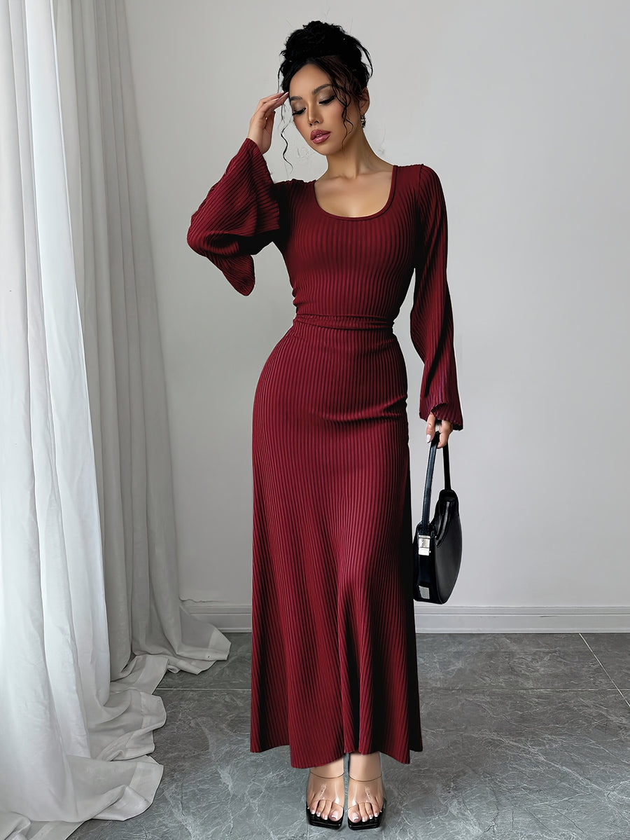 Women'S Solid Ribbed Flared Sleeve Back Tie Traditional Long Dress Elegant Long Dress - Burgundy