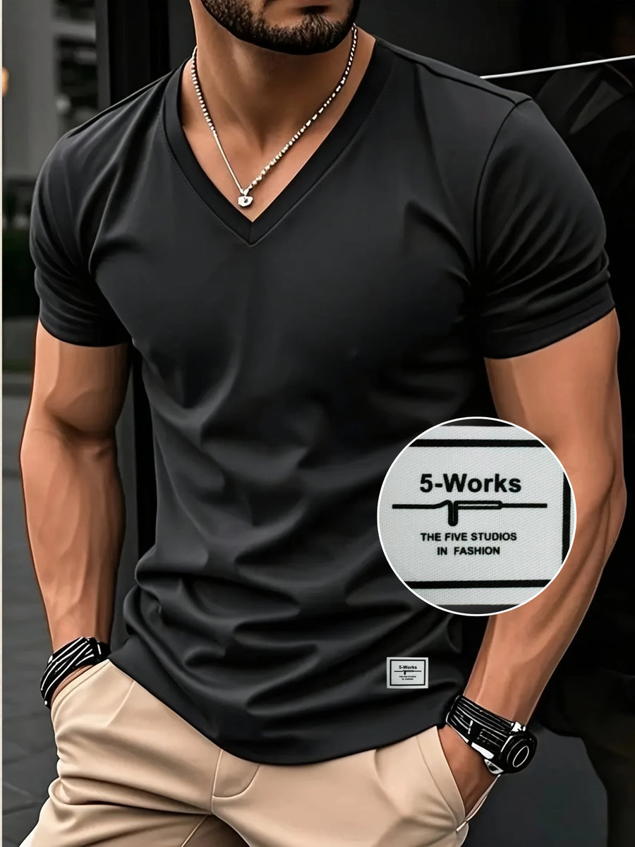 180g 100% Men's V-Neck Short-Sleeve Top, Casual T-Shirt, Solid Color Base Layer, "5-work" Summer All-Season Base Layer, Factory-Made for Men, Comfortable, High Quality, High Fit Rate, Casual Sportswear - Black