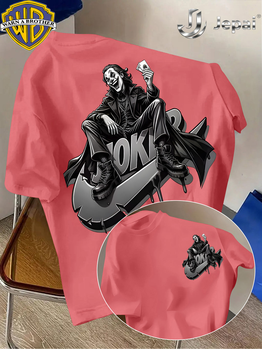 Warner Exclusive, Vintage Street Style DC Joker Themed Print Men's Summer Basic Daily Casual Short-Sleeve Top, Casual Crew Neck Shirt, Suitable for Outdoor Wear, Fitness, Office, and Daily Outfits, an Essential Item for Men's Basic Wardrobe - Watermelon Red