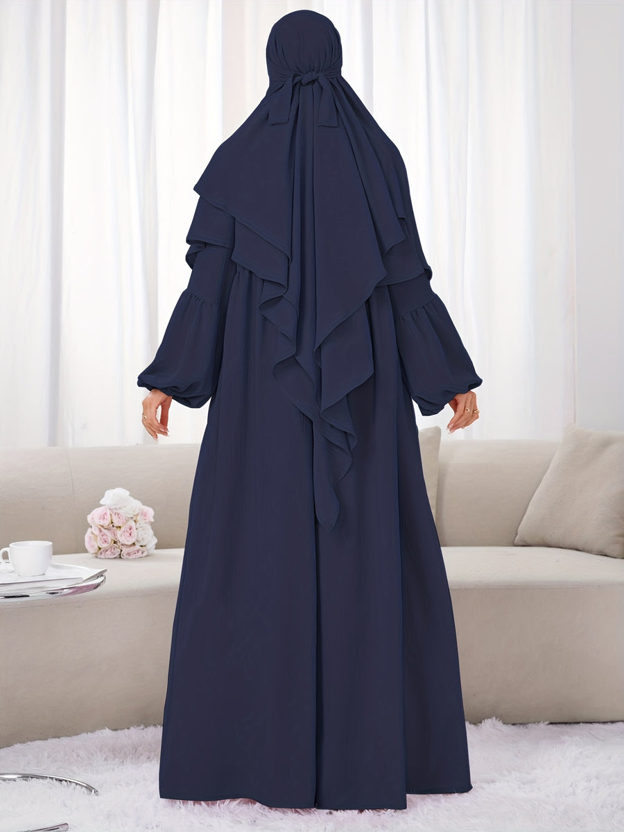 A Set (+Abaya) Fashionable And Elegant Muslim Dress, Elegant Cuff Drawstring, Comfortable And Casual Solid Color, Suitable for Outdoor Travel And Daily Wear. Loose Women'S Abaya Dress - Navy Color