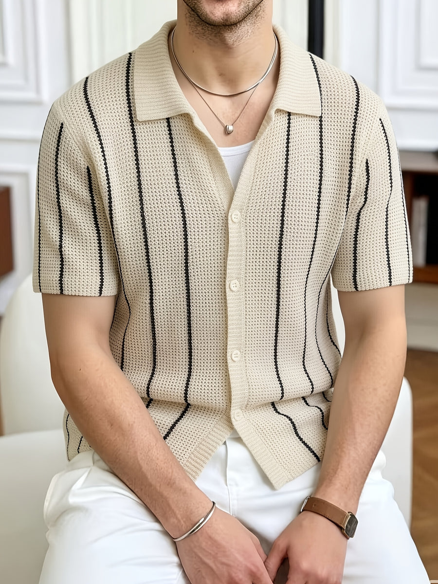 Spring Summer Men'S Short Sleeve Knit Sweater Casual Athletic Street Retro Style Vertical Stripe Pattern Lapel Button-Up Men'S Jacket Men'S Top Men'S Pullover - Apricot