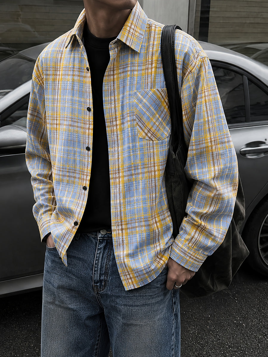 Men'S Vintage Plaid Long Sleeve Shirt, Loose Casual Button-Up Jacket Style Overshirt, Japanese Trendy Brand Lapel Checkered Shirt, Suitable for Outdoor Daily Wear in Spring, Autumn, And Winter - Lemon Yellow