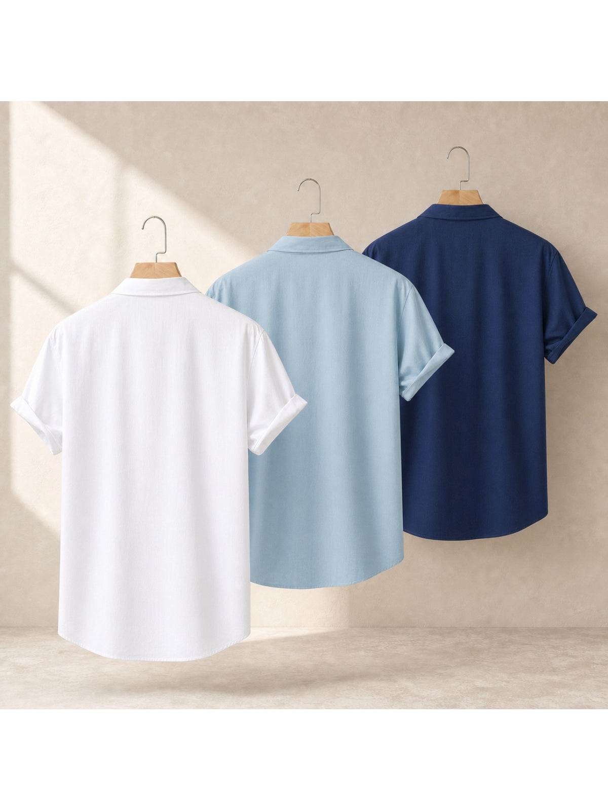 Men's 3pcs Short-Sleeve Shirt Set, Navy Blue/Sky Blue/White, 100%, Button-Front, Summer, Casual Outing - Navy Blue/Sky Blue/White