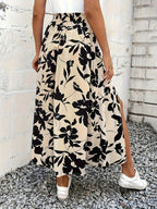 Floral Print High-Waist Slit Skirt, Elegant A-Line Pleated Half Skirt Long Dress - Black