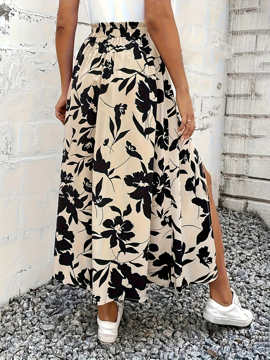 Floral Print High-Waist Slit Skirt, Elegant A-Line Pleated Half Skirt Long Dress - Black