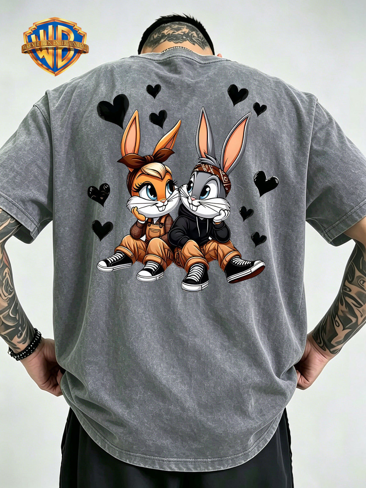 Cartoon Couple Rabbit Heart Front Back Print Washed Distressed T-Shirt, Men'S 100% Fabric, Casual Comfortable Style, Loose Fit Breathable Short Sleeve Men'S Casual Top, Distressed Washed Loose Fit - Grey