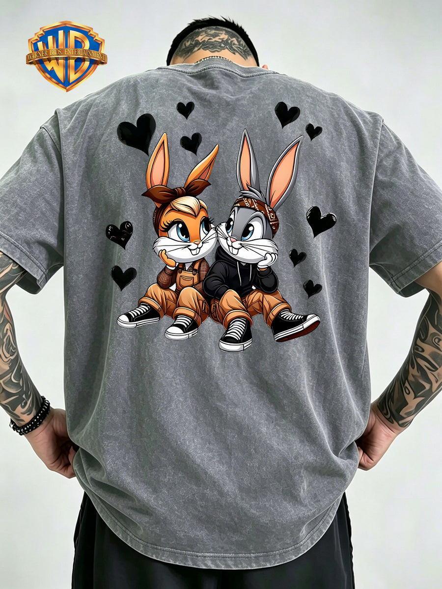 Cartoon Couple Rabbit Heart Front Back Print Washed Distressed T-Shirt, Men'S 100% Fabric, Casual Comfortable Style, Loose Fit Breathable Short Sleeve Men'S Casual Top, Distressed Washed Loose Fit - Grey