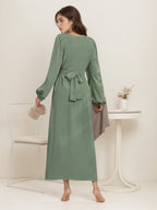 2025 New Women's Elegant Middle Eastern Muslim Dress - V-Neck Embroidered Long Sleeve Slim Fit Dress with Front Bow Tie, Machine Washable Solid Color Modest Abaya for Spring/Autumn Casual Wear, Modest Attire, Slim Fit Abaya, Sophisticated Texture, Autumn - Green