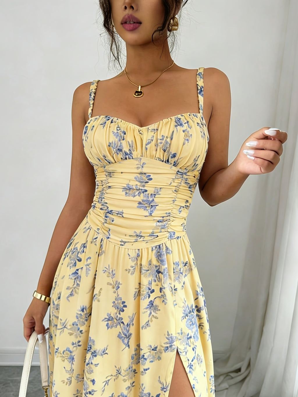 Elegant Printed Bohemian-style High-slit Zipper Dress for Women, Suitable for Weddings, Spring/summer Vacations, and Other Occasions, Elegant and Charming - Yellow