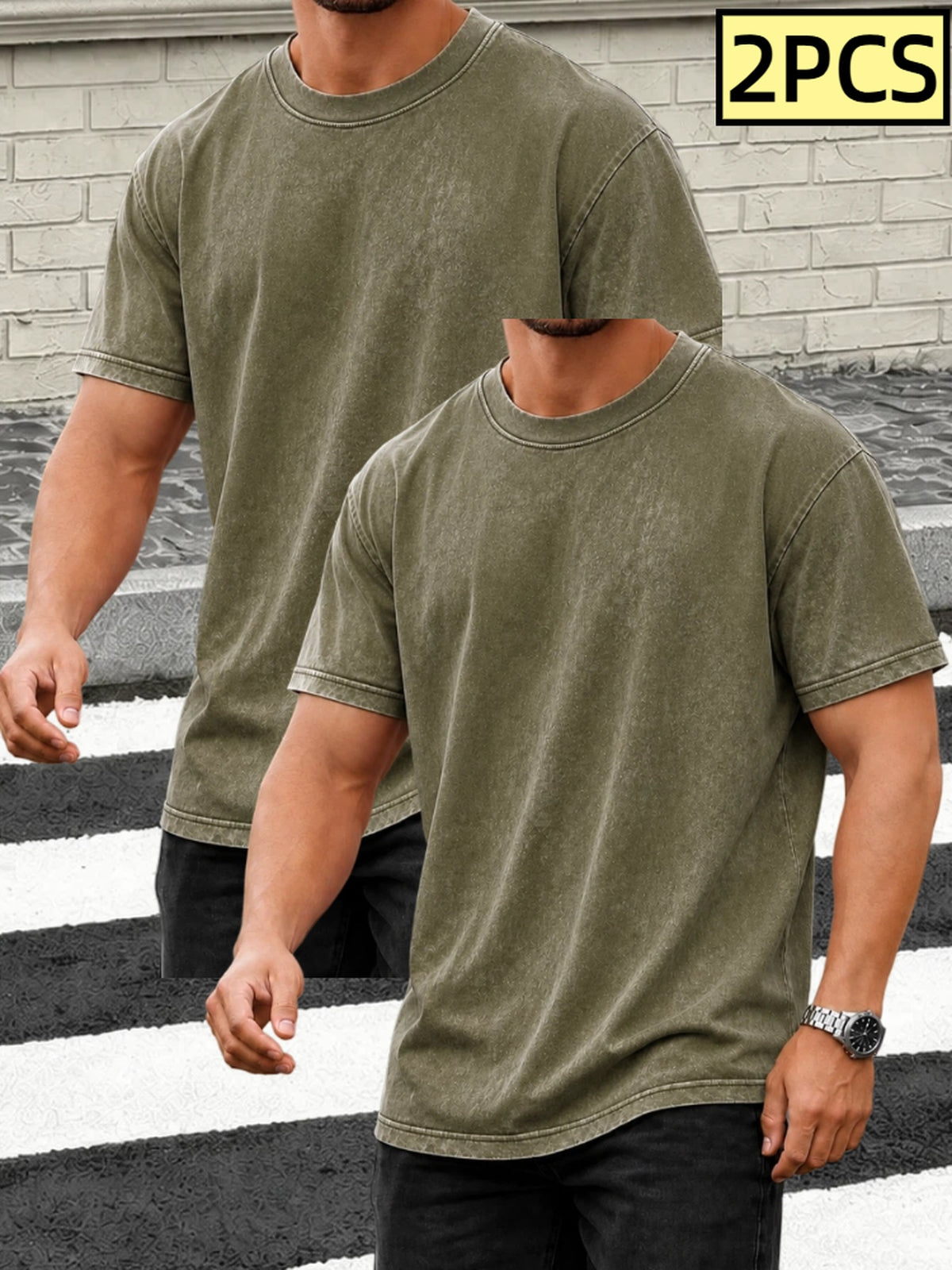 [3-pc]Summer New 100% Washed Vintage Men's Pure Cotton Short Sleeve T-Shirt, Loose Fit, Casual and Comfortable, Round Neck, Trendy Style Top - 2PC