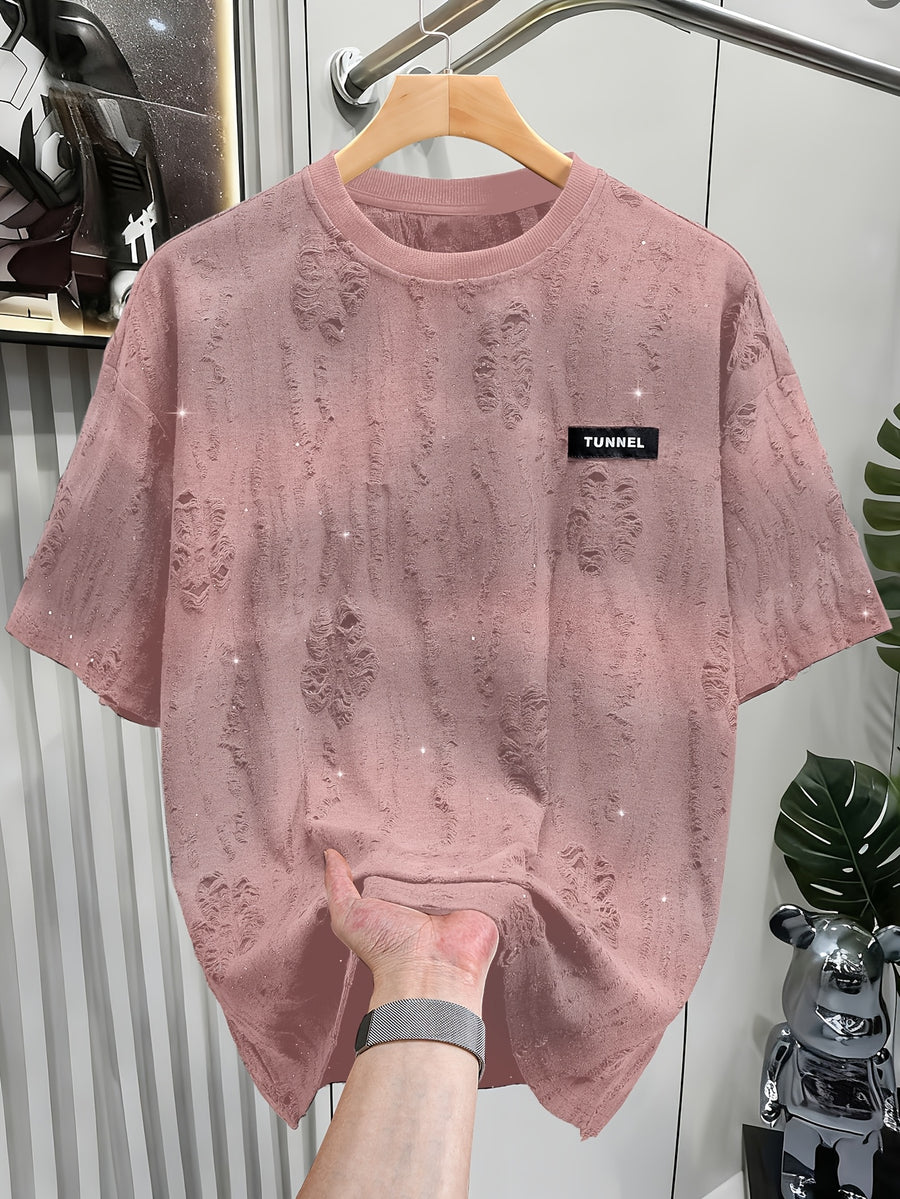 Textured Short Sleeve T-Shirt Black TUNNEL Letter Print Casual Street Style - Pink Color