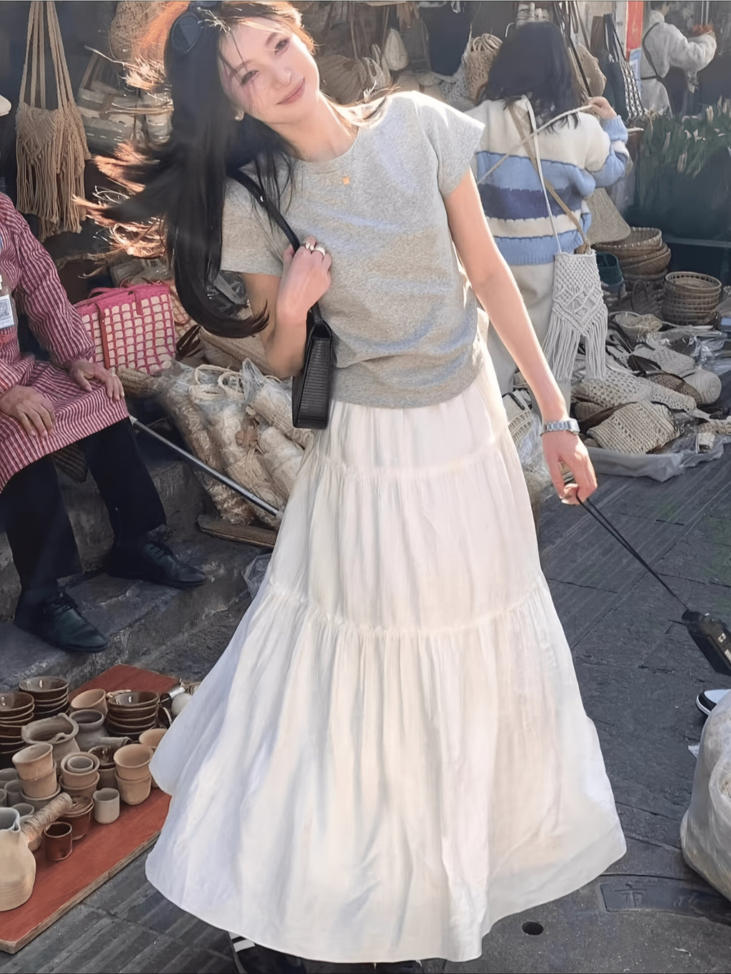 Gentle Style Half Skirt Women'S Casual Elegant Commute Drape Cake Dress Long Skirt - White